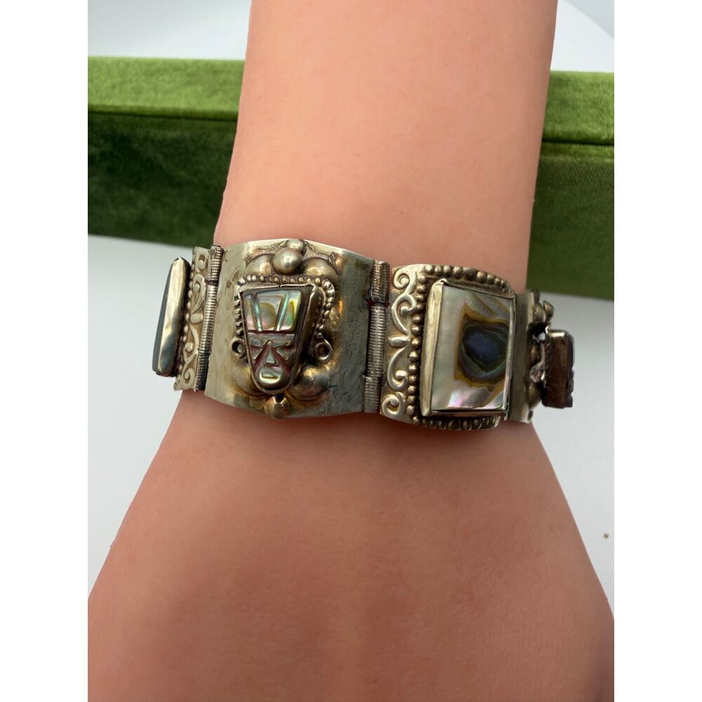 Vintage 1950"s Alpaca Hecho en Mexico Taxco abalone Panel Link Bracelet - Picture 4 of 7